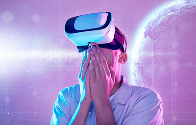 Buy stock photo Futuristic, wow and man with vr planet exploring a cyber space world. Surprise, shock and male in virtual reality, metaverse or exploration of galaxy stars, neon and universe simulation with 3d tech.