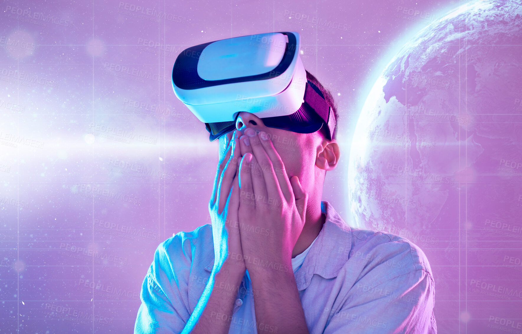 Buy stock photo Futuristic, wow and man with vr planet exploring a cyber space world. Surprise, shock and male in virtual reality, metaverse or exploration of galaxy stars, neon and universe simulation with 3d tech.