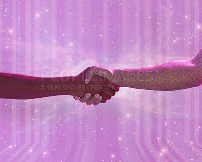 Buy stock photo Metaverse, people and 3d futuristic handshake for connection, partnership or deal on universe background. Future, neon and shaking hands for vr experience, connectivity and welcome greeting in space.