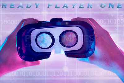 Buy stock photo 3d, virtual reality headset and hands of man ready to explore cyber world. Binary metaverse, futuristic neon or pov of male player holding technology for vr exploration and gaming glasses for esports