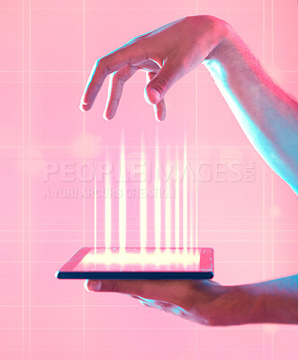 Buy stock photo Connection, social network and hands with a tablet for ux, communication and internet on a pink background. Website, media and person with neon screen of technology for contact, networking and app