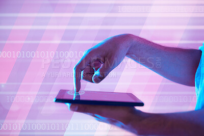 Buy stock photo Fingerprint, futuristic and hands of man with tablet for binary communication, ux or internet. Future tech, 3d neon or biometric of person pressing to unlock digital touchscreen for web browsing.