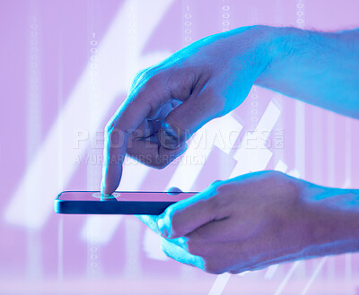 Buy stock photo Futuristic, fingerprint and hands of man with phone pressing to unlock. Biometric, finger scanning and male with mobile smartphone for cyber security, biometrics and identification with neon software