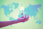 World map, lightbulb and hand for idea, sustainability and networking in digital, data exchange and connection. Energy saving, worldwide power and future of internet, electricity and iot technology