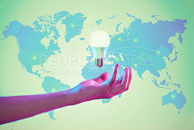 Buy stock photo World map, lightbulb and hand for idea, sustainability and networking in digital, data exchange and connection. Energy saving, worldwide power and future of internet, electricity and iot technology