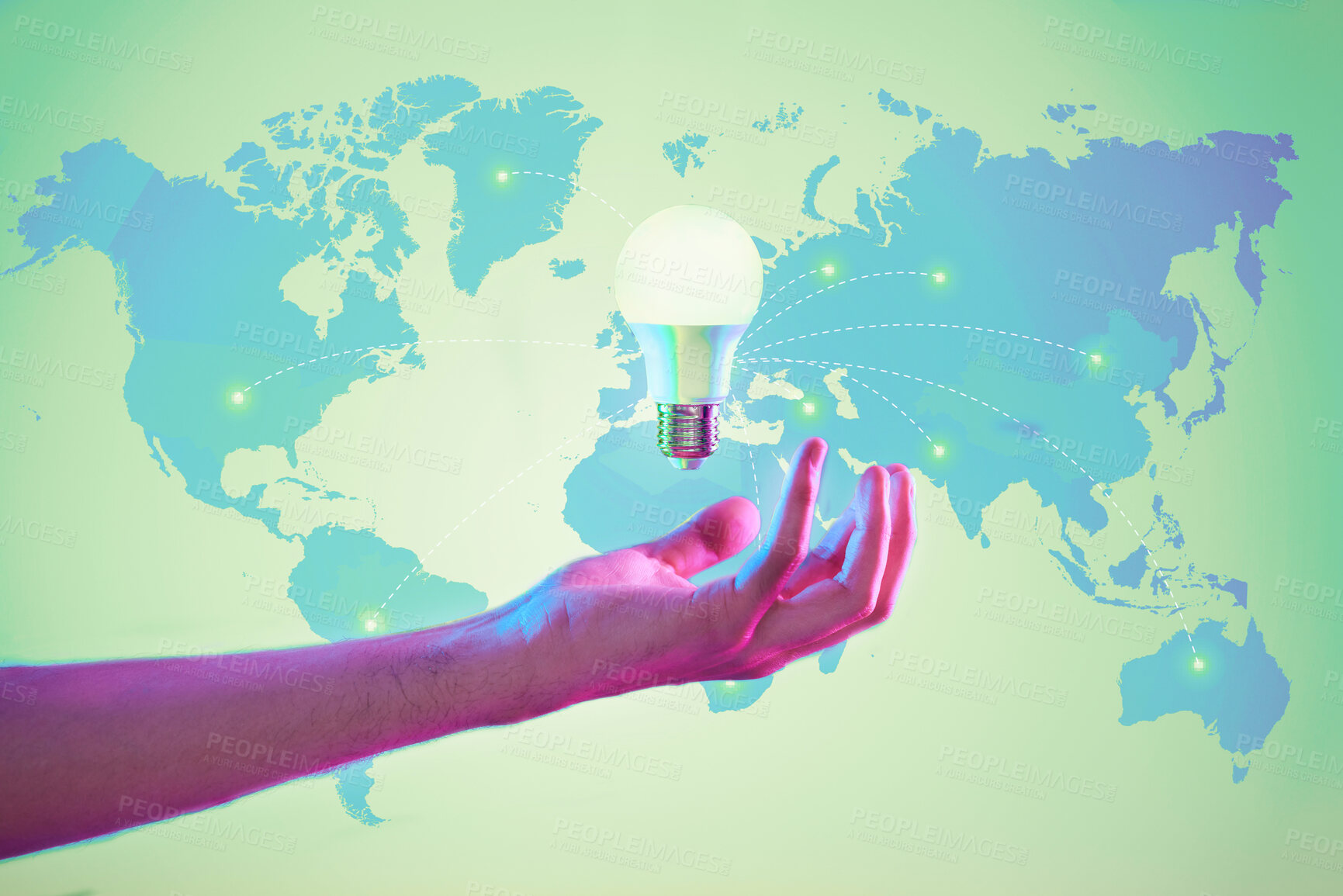 Buy stock photo World map, lightbulb and hand for idea, sustainability and networking in digital, data exchange and connection. Energy saving, worldwide power and future of internet, electricity and iot technology