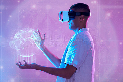 Buy stock photo Metaverse, vr and man with globe hologram for networking, connection and digital transformation. Neon world, futuristic technology and male holding 3d earth with virtual reality software on headset.