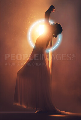 Buy stock photo Orange lighting, art deco and silhouette of woman with neon circle for creative, fantasy and beauty. Dance, aesthetic and shadow of angel or goddess for dream, magic and freedom in glowing studio