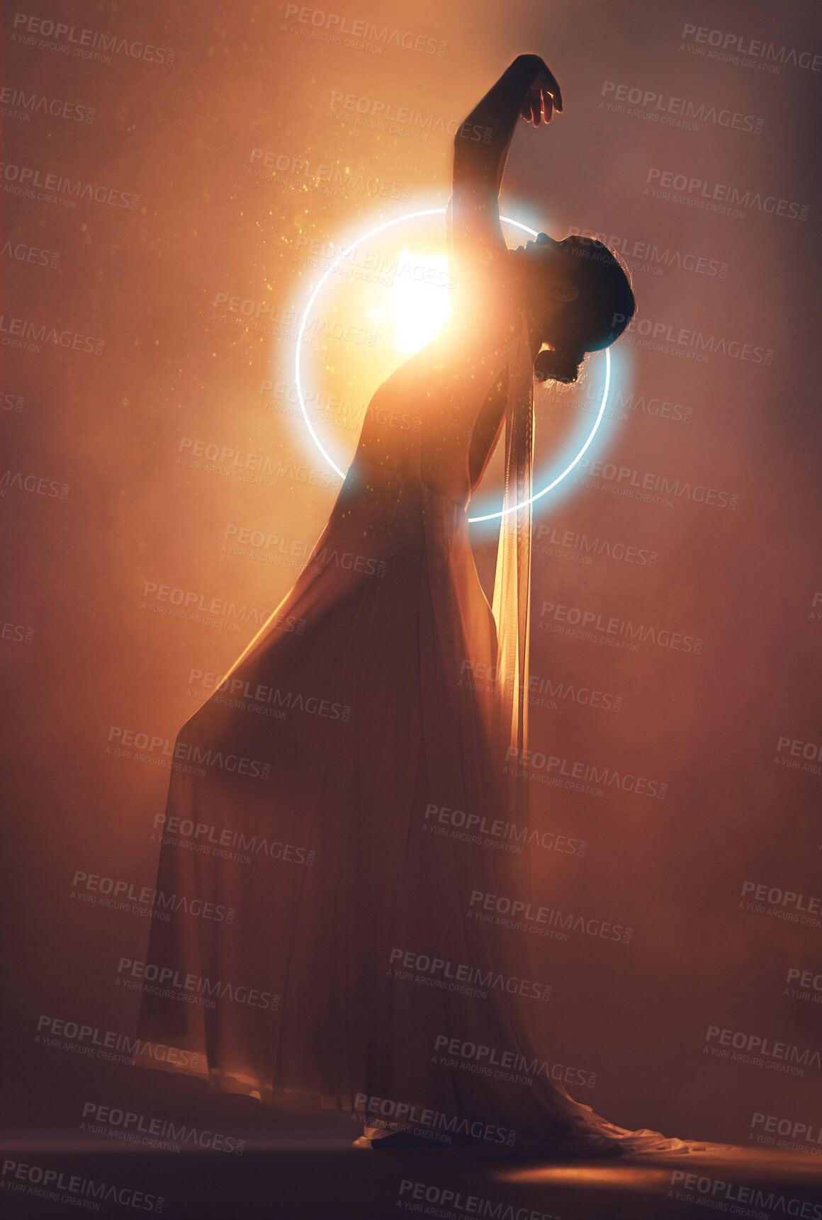 Buy stock photo Orange lighting, art deco and silhouette of woman with neon circle for creative, fantasy and beauty. Dance, aesthetic and shadow of angel or goddess for dream, magic and freedom in glowing studio