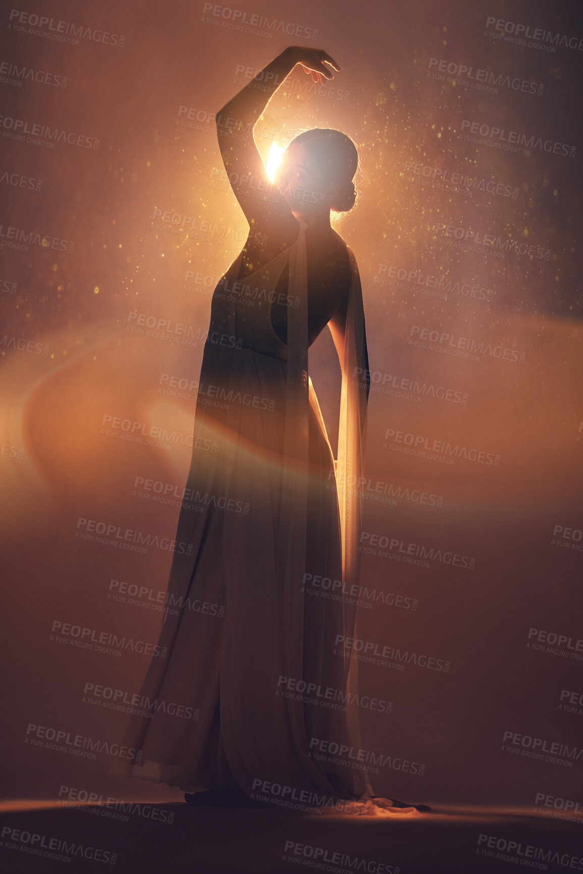 Buy stock photo Fantasy, orange lighting and silhouette of woman on stage for creative fashion, art deco and beauty. Ballet dancer, aesthetic and shadow of girl pose for dream, magic and freedom in glowing studio