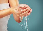 Woman, water drops and washing hands zoom, skincare isolated on studio background with skin, hygiene and hydration. Beauty, health and wellness, natural cosmetics and body care with cleaning mockup