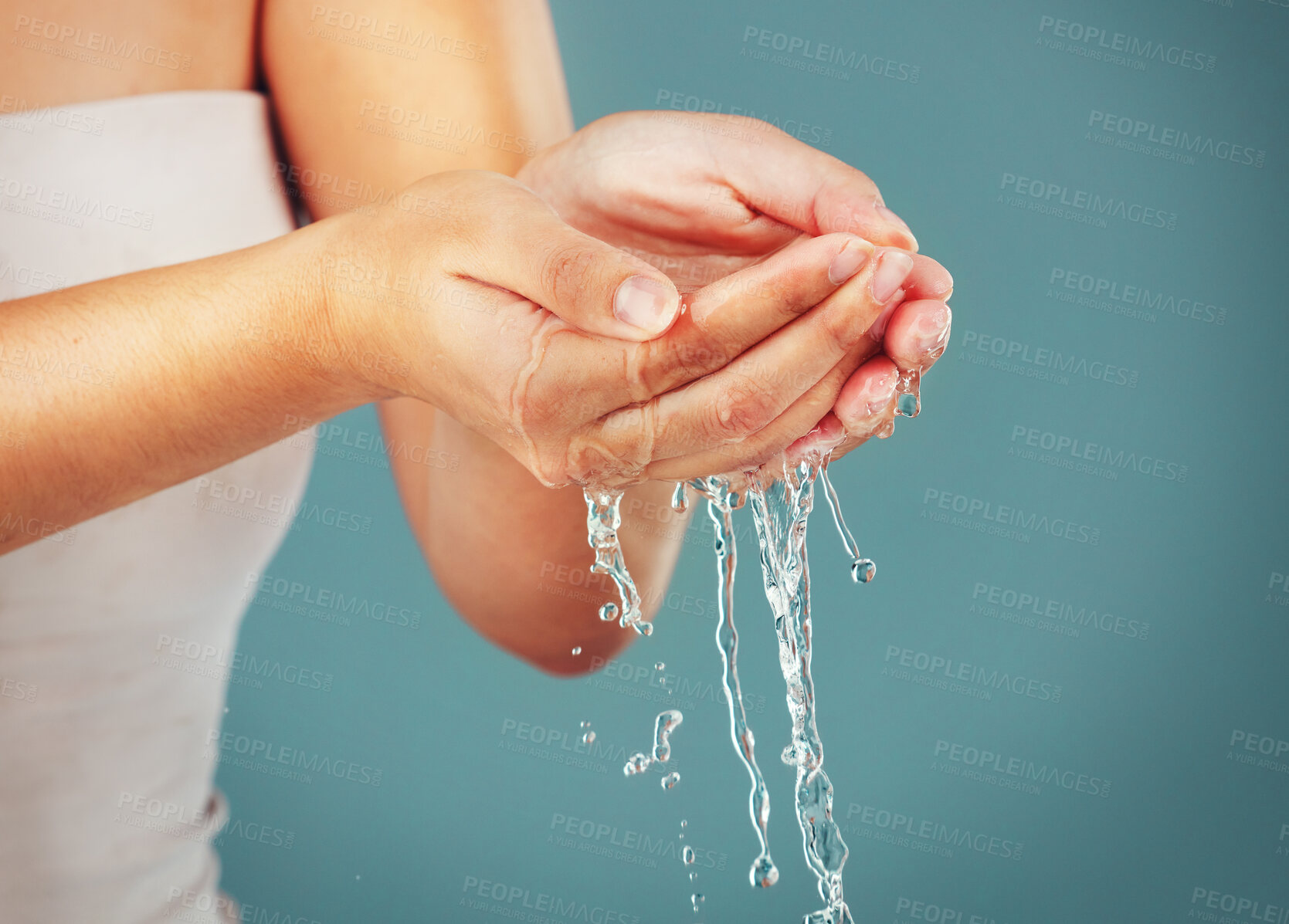 Buy stock photo Woman, water drops and washing hands zoom, skincare isolated on studio background with skin, hygiene and hydration. Beauty, health and wellness, natural cosmetics and body care with cleaning mockup