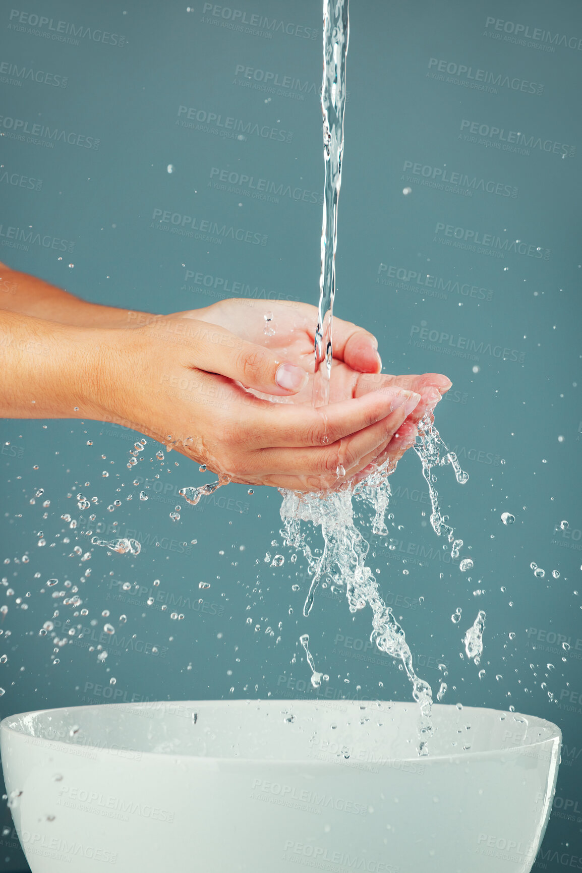 Buy stock photo Woman hands, water splash with sink, washing and skin isolated on studio background, hygiene and skincare with beauty. Liquid, health and wellness with natural cosmetics, body care and shower 