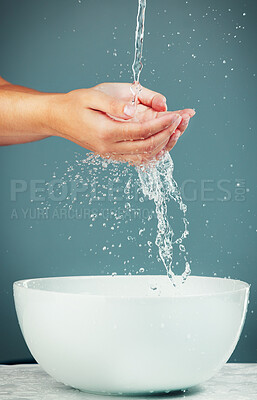 Buy stock photo Woman hands, sink and water for washing, skincare hygiene and beauty isolated on studio background. Splash, liquid and cleaning body with bath, natural cosmetics for skin and health with wellness