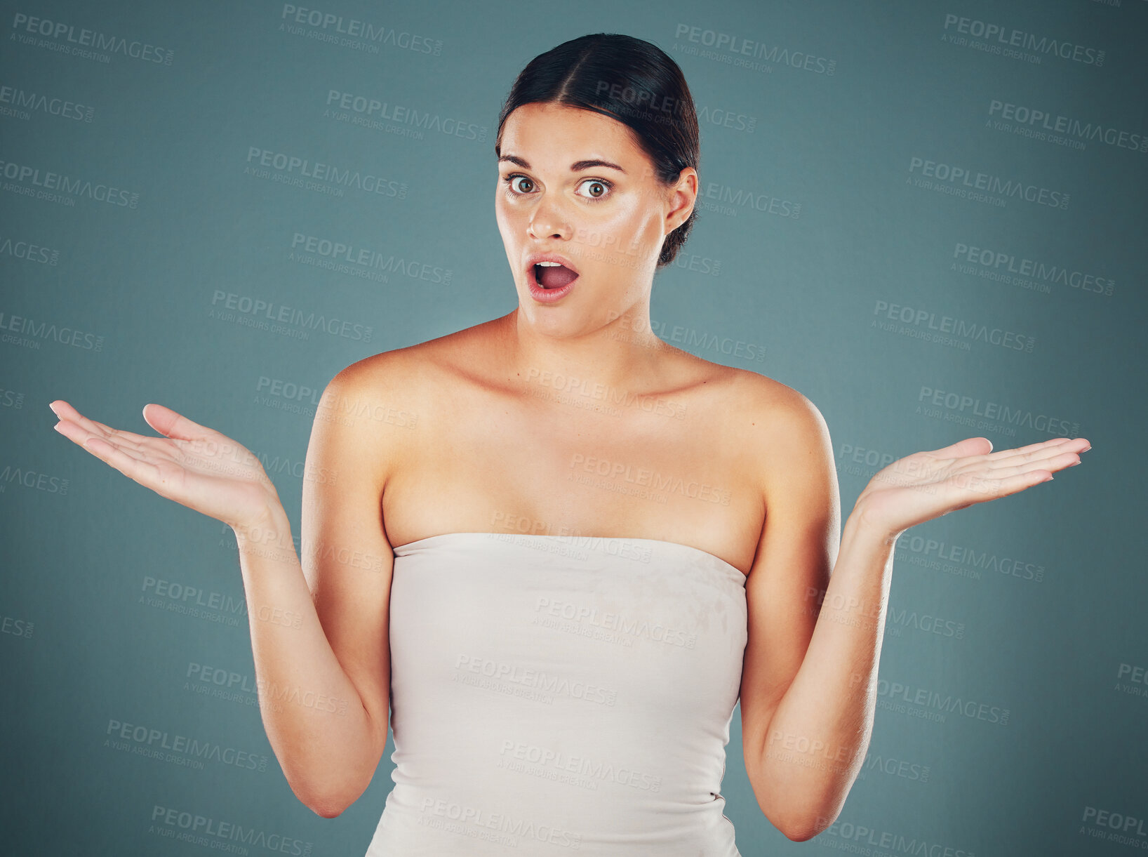 Buy stock photo Woman, shocked face portrait and hands for surprise, announcement or excited isolated in studio background. Young female, scared facial expression and shock mouth with wow amazed hands gesture 