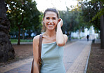 Student, woman smile portrait and park walking of a person happy in a garden outdoor. Happiness, smiling and nature walk of a beautiful young female smiling with freedom on university campus