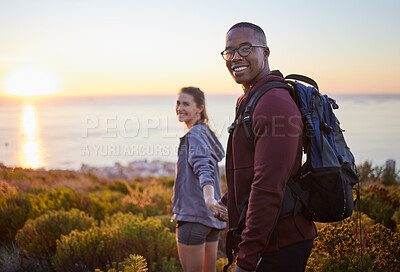 Buy stock photo Portrait, wellness and hiking interracial couple exercise in sunset on a mountain as a morning workout in nature. Fitness, man and woman in a relationship training for health and wellness together