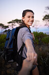 Hiking, holding hands and portrait of woman on mountain for adventure, freedom and journey in nature. Fitness, dating and happy girl with partner for walking, trekking and travel lifestyle on hike