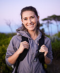 Nature, freedom and portrait of woman hiking in forrest on happy holiday adventure time in Brazil. Travel, wellness and fresh air, hiker trekking in beautiful park landscape with smile and backpack.