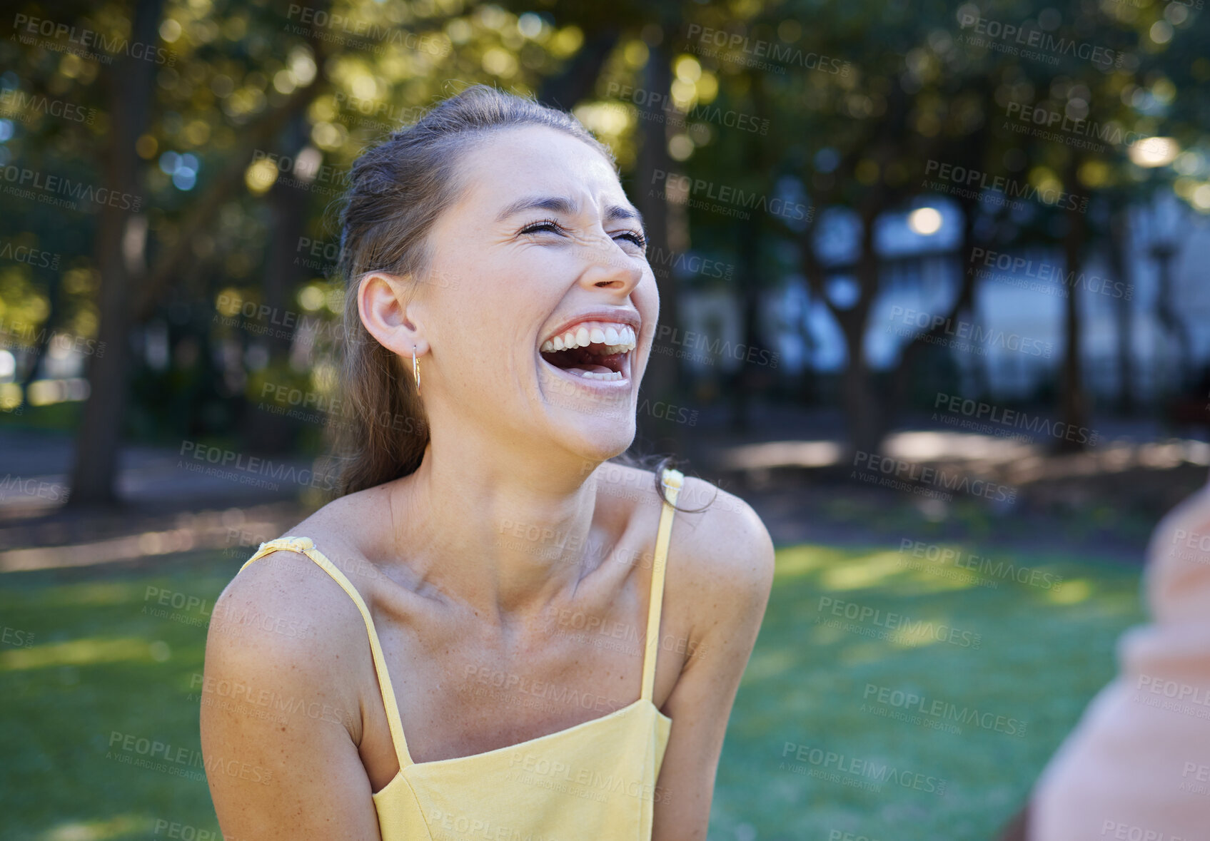 Buy stock photo Happiness, young woman and casual in park, summer and joyful with trendy outfit, laughing and chilling. Happy female, lady and smile outdoor, funny and fashion for comfort, freedom or carefree moment