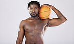 Basketball player, fitness portrait and black man with orange ball for sports training and exercise. Athlete person with strong muscle to train, workout and start competition for health and wellness