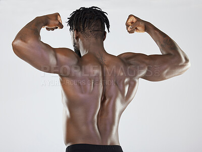 Portrait, fitness or happy black woman flexing with strong biceps