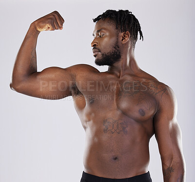 Buy stock photo Black man, fitness and flex muscle for sports training in studio for strong body, biceps and power. Health and wellness of sexy male bodybuilder model with growth motivation after exercise workout