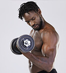 Fitness training, dumbbell exercise and black man in studio for fitness  doing muscle workout . Body of a sexy and strong bodybuilder train with weights for growth, health and wellness in studio