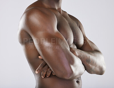 Buy stock photo Black man, strong arms and muscle for fitness, exercise workout and bodybuilder sports wellness. African male, arm health wellness mockup and model skincare or model body care in white background