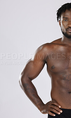Buy stock photo Half, portrait and black man body in studio for wellness, grooming and akimbo on grey background. Muscular, man and beauty routine on mockup, relax and skincare treatment on shirtless model isolated