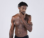 Black man, skincare and fitness portrait with body sports person in studio for strong muscle and power. Health and wellness of a sexy male bodybuilder with growth after exercise, workout and training