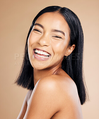 Buy stock photo Portrait, skincare and black woman isolated on studio background for beauty facial, makeup and cosmetics glow. Happy, young and beautiful model or person with dermatology face results