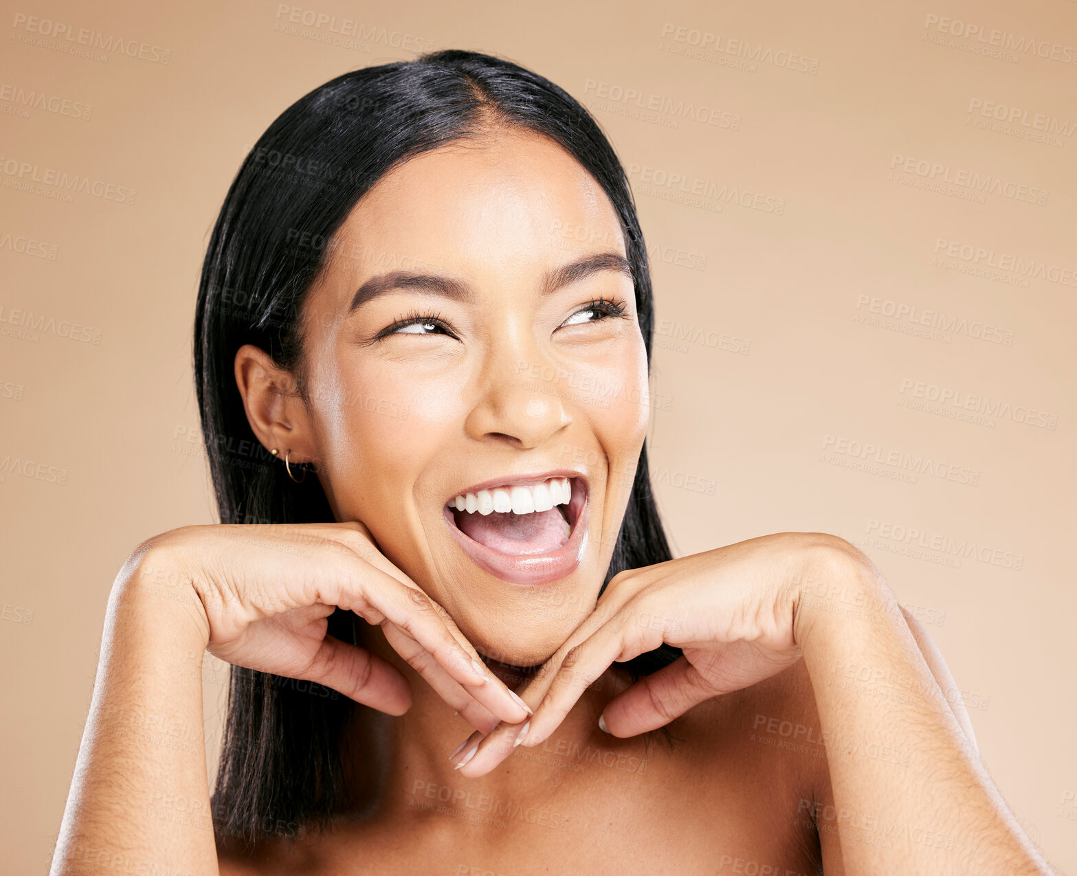 Buy stock photo Face, beauty and excited with a model black woman in studio on a beige background for natural skincare. Facial, luxury and cosmetics with an attractive young female posing to promote a product