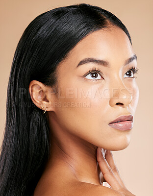 Buy stock photo Makeup, cosmetics and face of a woman thinking of beauty isolated on a studio background. Skincare, dermatology and Asian model with facial cosmetology for a spa glow, wellness and on a backdrop