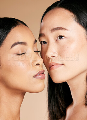 Buy stock photo People, cosmetic and diversity of women faces with skincare glow due to skin self care. Beauty, dermatology and spa treatment for friends or models isolated against a brown studio background