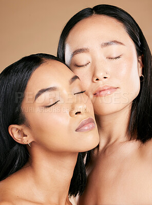 Buy stock photo Women, beauty and faces with skincare glow for diversity of skin and cosmetic self care. Facial, dermatology and spa treatment for friends or models isolated against a brown studio background