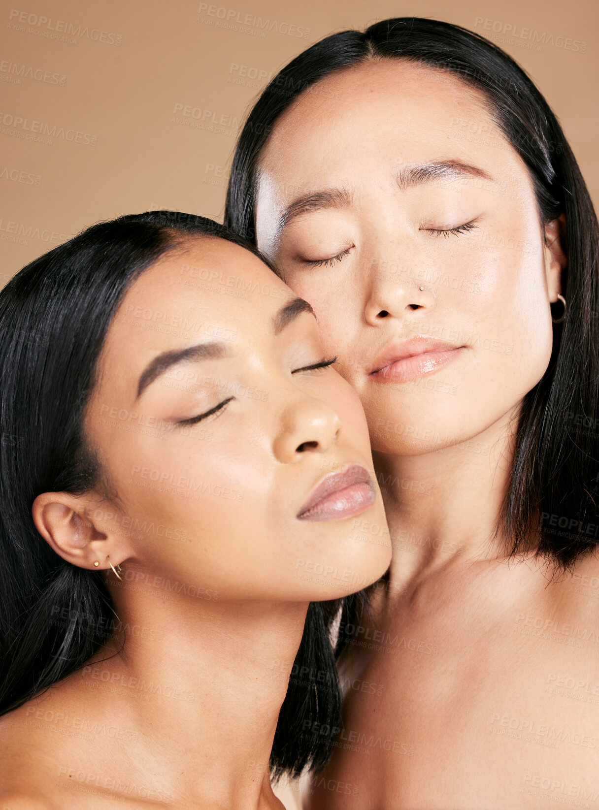 Buy stock photo Women, beauty and faces with skincare glow for diversity of skin and cosmetic self care. Facial, dermatology and spa treatment for friends or models isolated against a brown studio background