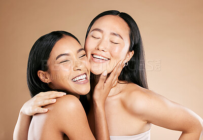 Buy stock photo Diversity, skincare or women smile with beauty or natural glow relaxing while isolated on studio background. Happy, faces or beautiful girl models with dermatology cosmetics or facial products 