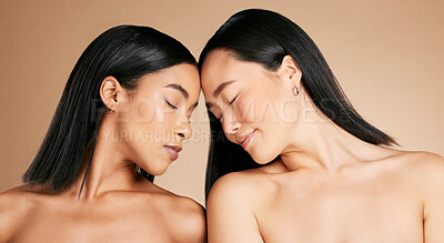 Buy stock photo Beauty, diversity and faces with skincare glow and cosmetic self care for the skin. Facial, dermatology and spa treatment for friends or models isolated against a brown studio background