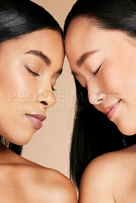 Buy stock photo Women, skin and face beauty with skincare glow for diversity and cosmetic self care. Facial, dermatology and spa treatment for friends or models isolated against a brown studio background