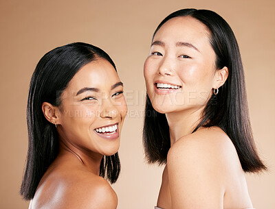 Buy stock photo Diverse, beauty and portrait of women with makeup isolated on a studio background. Smile, dermatology and face of model friends with happiness for foundation shade diversity on a beige backdrop