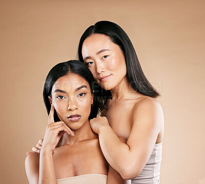 Buy stock photo Beauty, makeup and diversity women portrait for skincare in studio with dermatology and cosmetics. Asian and black person together for face glow, spa facial and healthy skin of friends for wellness