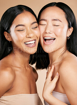 Buy stock photo Beauty, skincare and diversity of different women in studio for dermatology, makeup and cosmetics. Asian and black person together for skin glow, spa facial and healthy body of friends for wellness