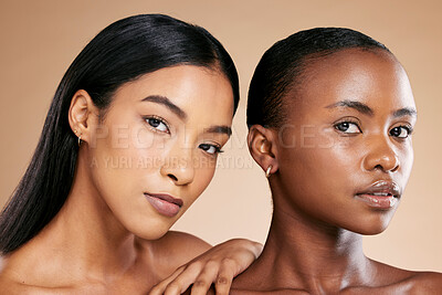 Buy stock photo Skincare, beauty and face portrait of women friends in studio for dermatology, makeup and cosmetics. Asian and black person together for skin glow, spa facial and body wellness with luxury shine