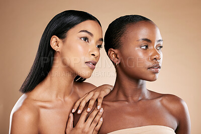 Buy stock photo Skincare, beauty women and friends in studio for dermatology, makeup and cosmetics. Black people together for model skin inclusion, spa facial and face glow for wellness on a brown background 