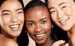 Portrait of happy women with beauty, diversity and smile for skincare cropped on studio background. Health, wellness and luxury cosmetic skin care, happy and beautiful people with natural makeup.