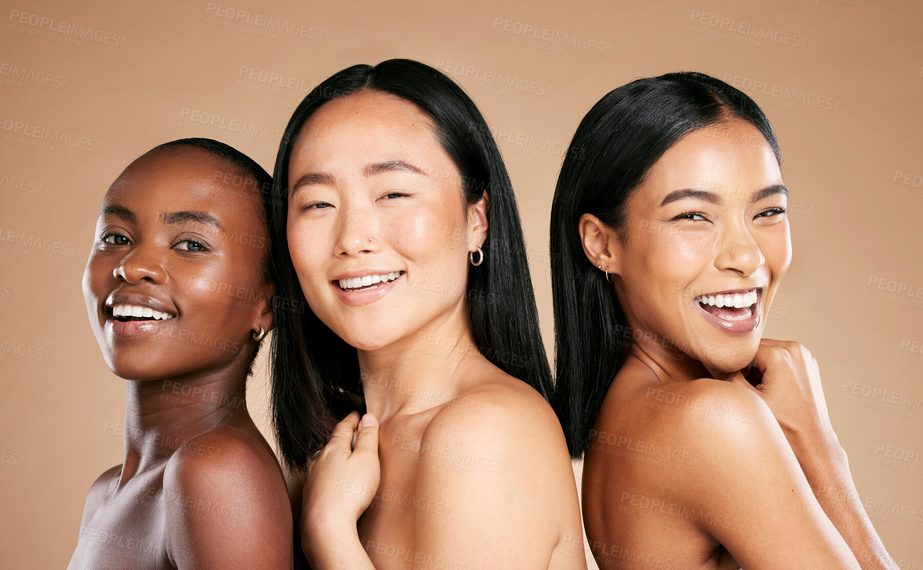 Buy stock photo Diversity, beauty and portrait of happy women with smile, skincare and studio background. Health, wellness and luxury cosmetics, healthy skin care spa and happy, friendly people with natural makeup.