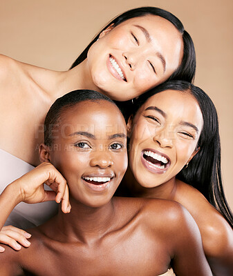 Buy stock photo Friends, diversity and skincare, women smile together in happy portrait on studio background. Health, wellness and luxury cosmetics for skin care and beautiful multicultural people in natural makeup.