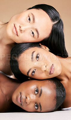 Buy stock photo Diversity, beauty portrait and facial skincare for cosmetics dermatology, organic wellness and support care in brown background studio. Women inclusion, model head pile and luxury spa face glow 