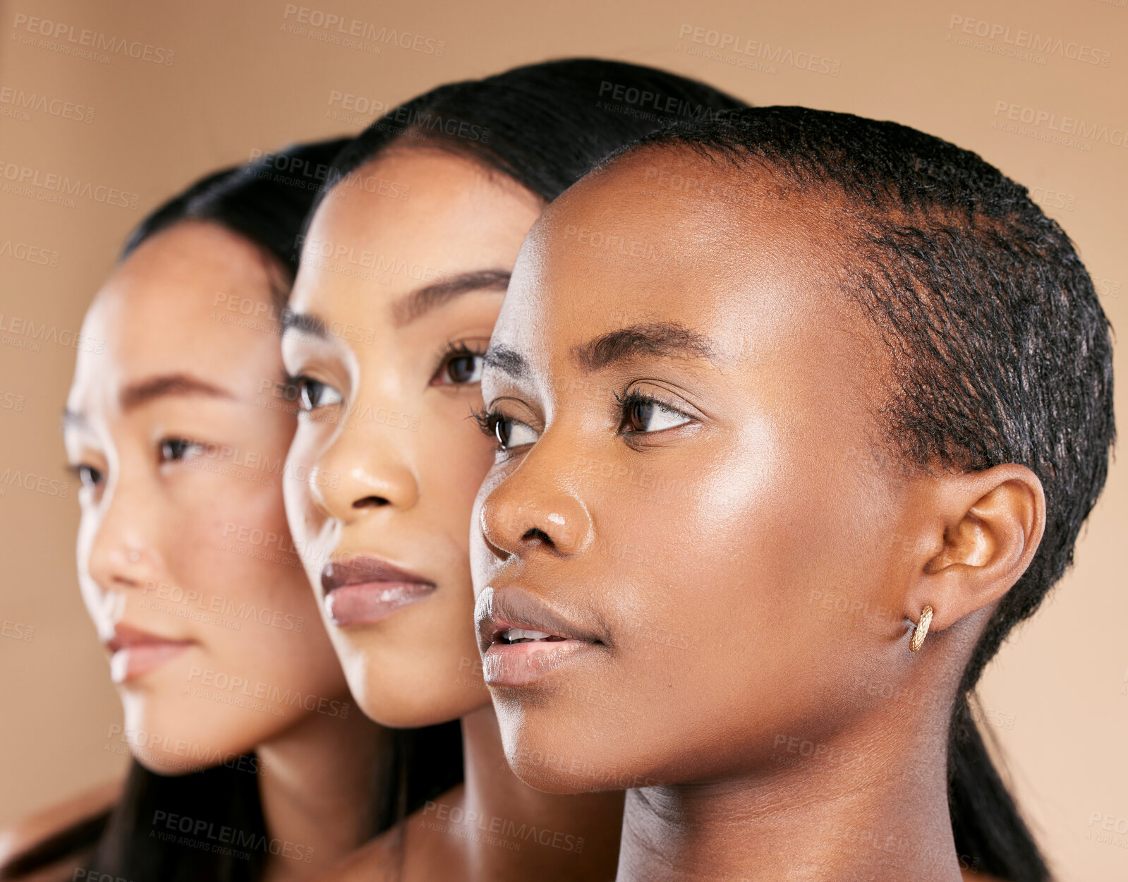 Buy stock photo Diversity, beauty and women, face zoom with profile, skincare makeup and natural cosmetics isolated on studio background. Cosmetic glow, different skin color and wellness, dermatology and facial 